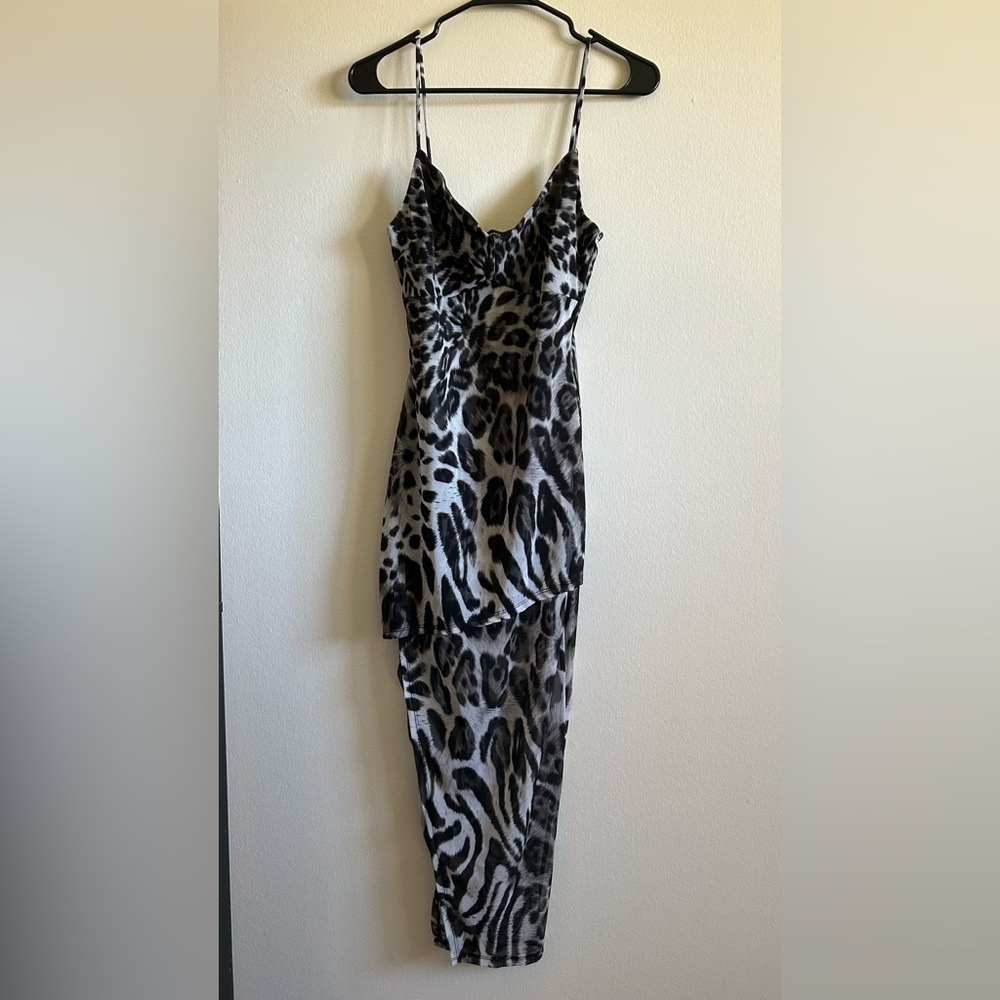 NanaMacs Wild Accusations Mesh Animal Print Midi Dress Black Gray Large Leopard